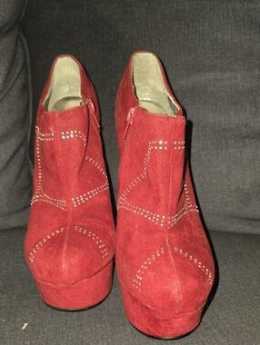 Red Suede Platform Ankle Boots with Studded Detail